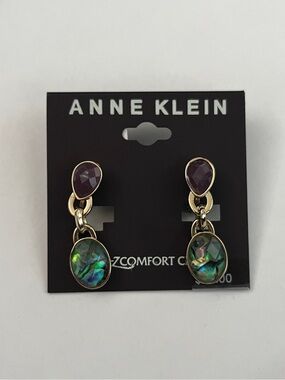 Anne Klein Gold-Tone Drop Clip-On Earrings with Abalone and Purple Accents